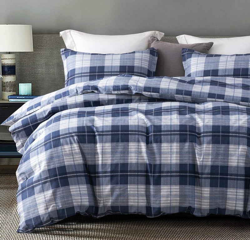 SLEEPBELLA Comforter Queen Size, 600 Thread Count Cotton Navy Blue & Grey Buffalo Pattern Blue Plaid Comforter Sets,Down Alternative Bedding Set 3Pcs (Queen, Navy Plaid) - Image 1